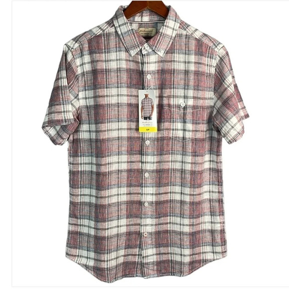 WEATHERPROOF NWT Mens Linen Red Plaid Short Sleeve Button Down Shirt Preppy S - Picture 2 of 13
